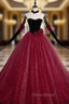 Burgundy Tulle Sequins Velvet Strapless Formal Prom Dresses