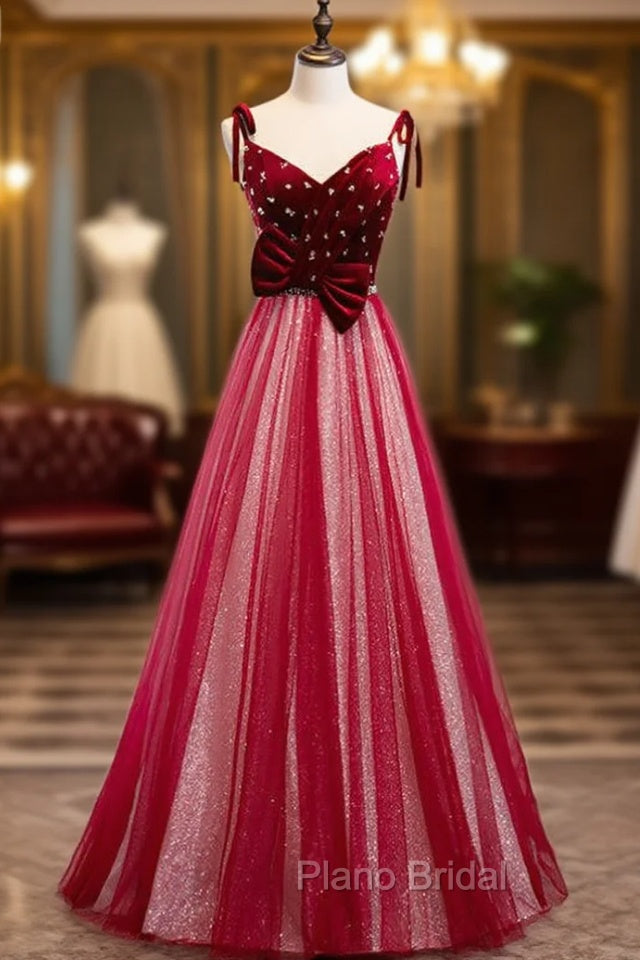 Burgundy Tulle Sequins Velvet V-neck Beading Formal Prom Dresses