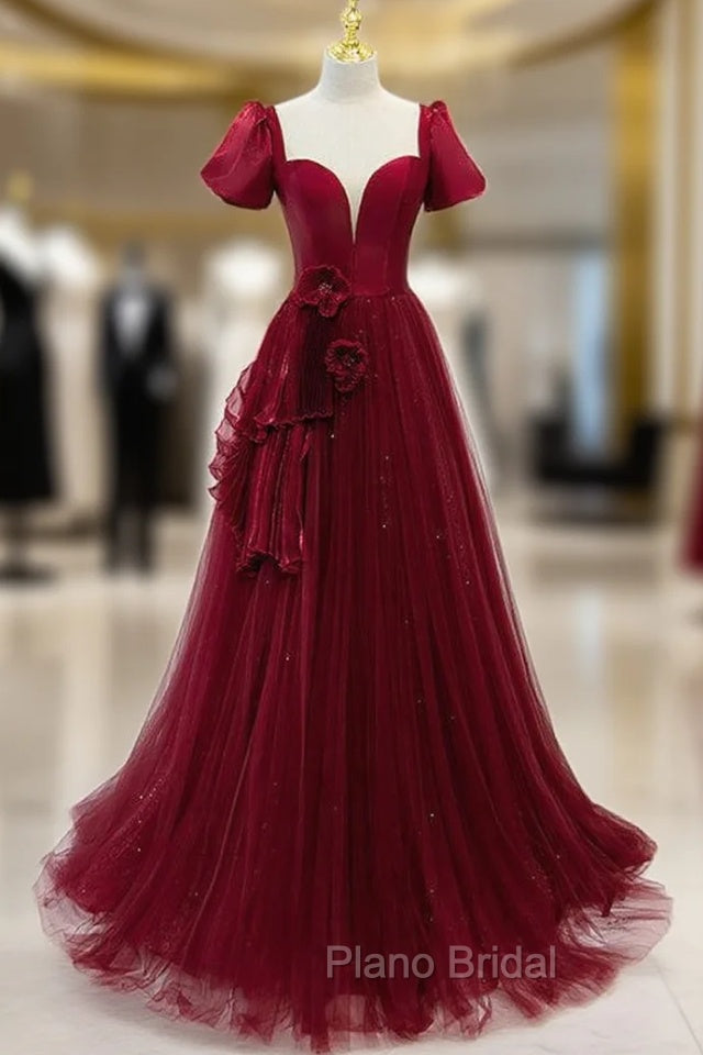 Burgundy Tulle Short Sleeve Backless Pleats Formal Prom Dresses