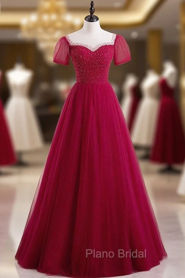 Burgundy Tulle Short Sleeve Scoop Neck Formal Prom Dresses