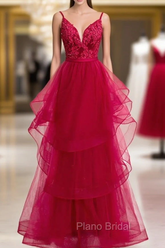 Burgundy Tulle Spagehtti Straps Appliques Beading Formal Prom Dresses Main image