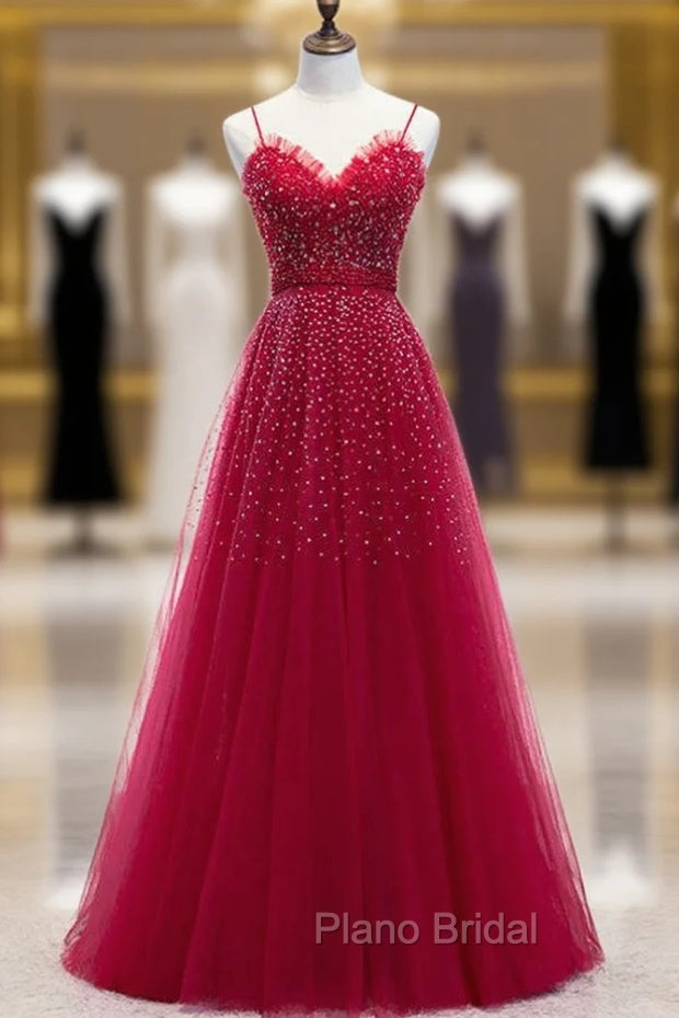 Burgundy Tulle Spagehtti Straps Beading Formal Prom Dresses