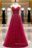 Burgundy Tulle Spagehtti Straps Beading Formal Prom Dresses