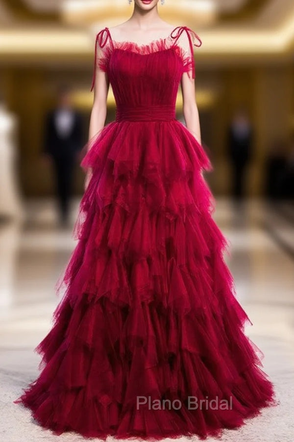Burgundy Tulle Spagehtti Straps Pleats Tiers Formal Prom Dresses Main image
