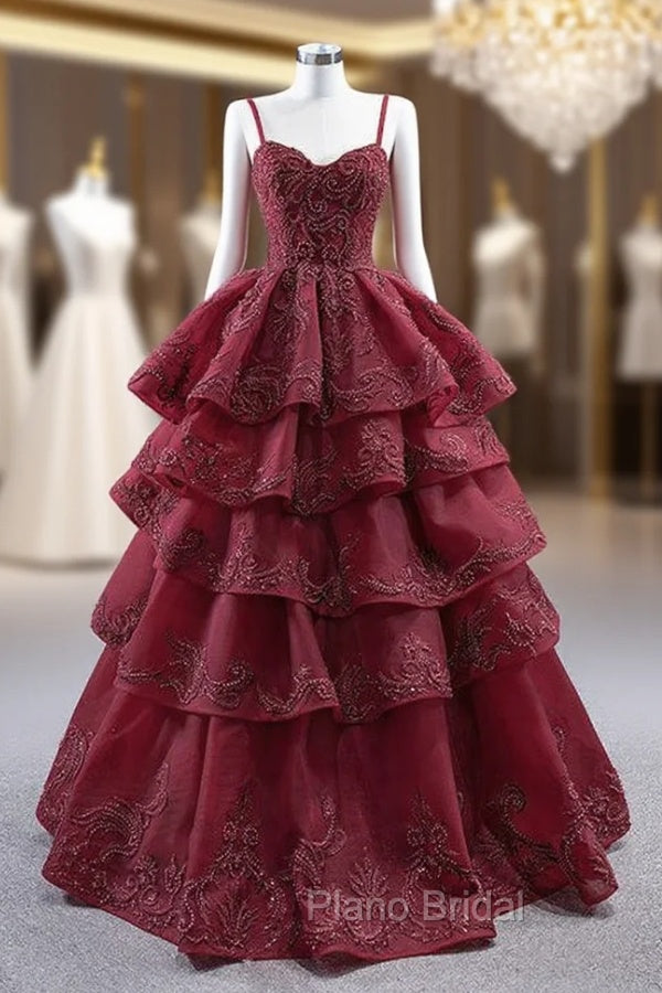 Burgundy Tulle Spaghetti Straps Beading Tiers Formal Prom Dresses