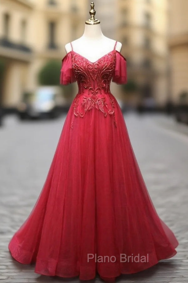 Burgundy Tulle Spaghetti Straps Lace Beading Formal Prom Dresses Main image