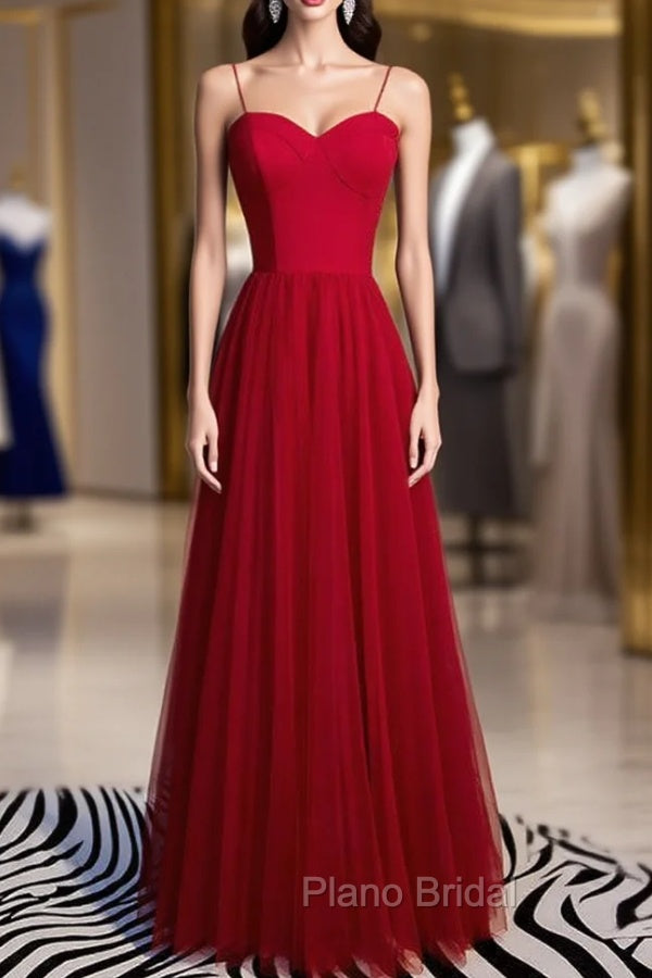 Burgundy Tulle Spaghetti Straps Long Formal Prom Dresses Main image