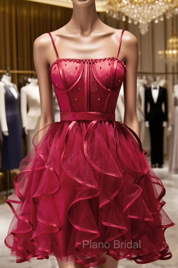 Burgundy Tulle Spaghetti Straps Pearls Homecoming Dresses Main image