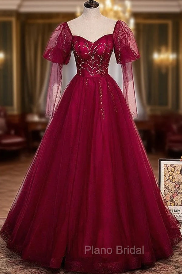 Burgundy Tulle Square Long Sleeve Beading Formal Prom Dresses