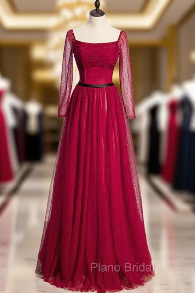 Burgundy Tulle Square Long Sleeve Formal Prom Dresses