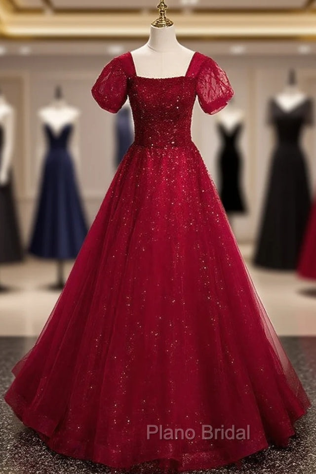 Burgundy Tulle Square Puff Sleeve Beading Formal Prom Dresses Main image
