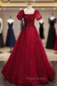 Burgundy Tulle Square Puff Sleeve Beading Formal Prom Dresses