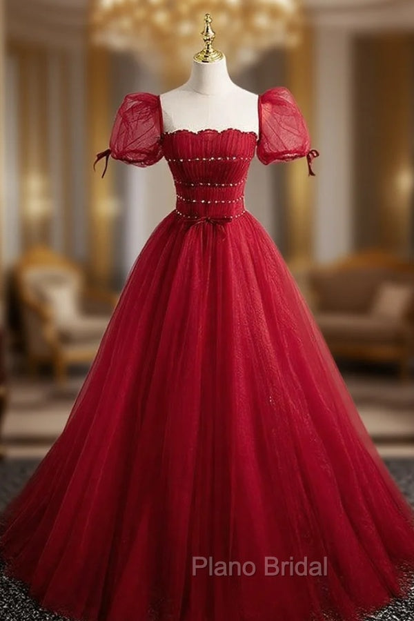 Burgundy Tulle Square Puff Sleeve Pleats Beading Formal Prom Dresses