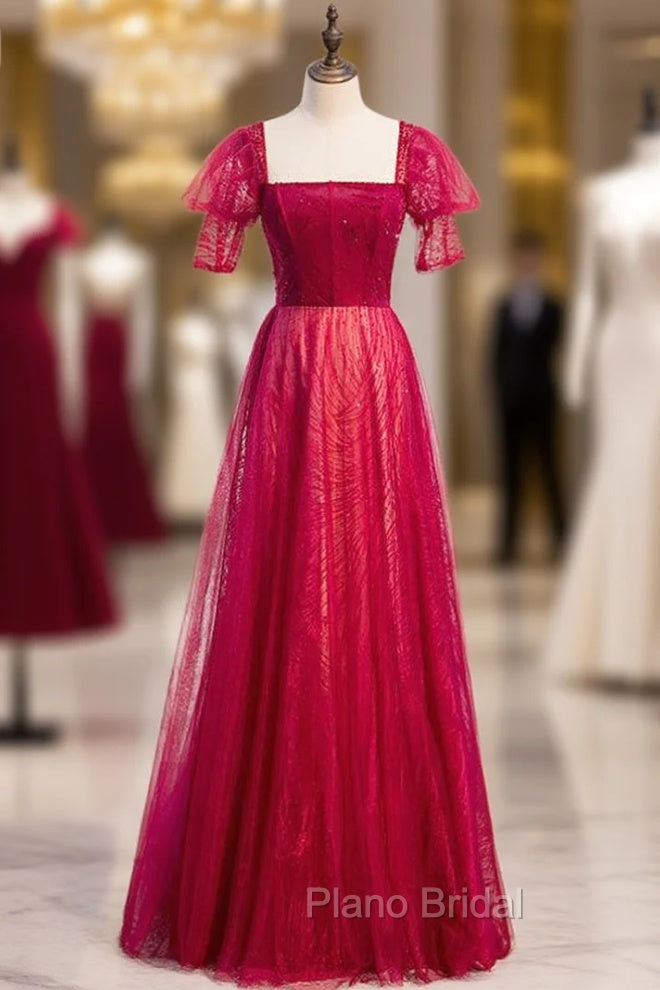 Burgundy Tulle Square Short Sleeve Beading Formal Prom Dresses Main image