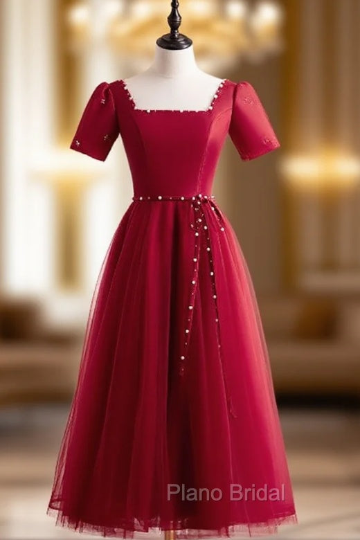 Burgundy Tulle Square Short Sleeve Pearls Formal Prom Dresses Main image