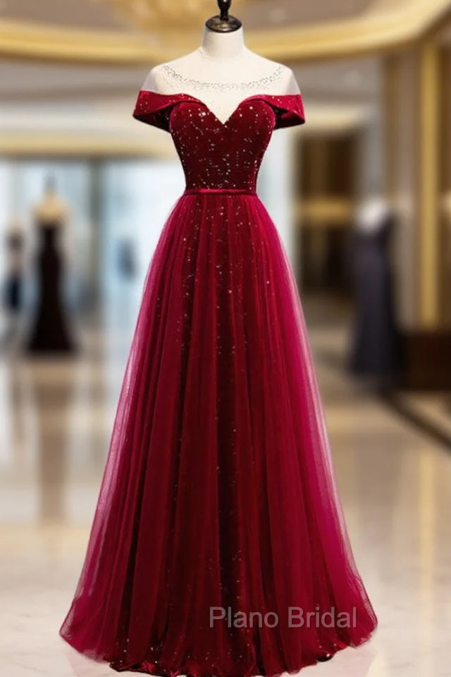 Burgundy Tulle Star Sequins Cap Sleeve Formal Prom Dresses Main image