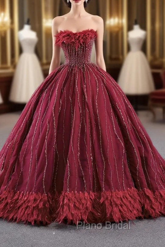 Burgundy Tulle Strapless Beading Feather Formal Prom Dresses Main image