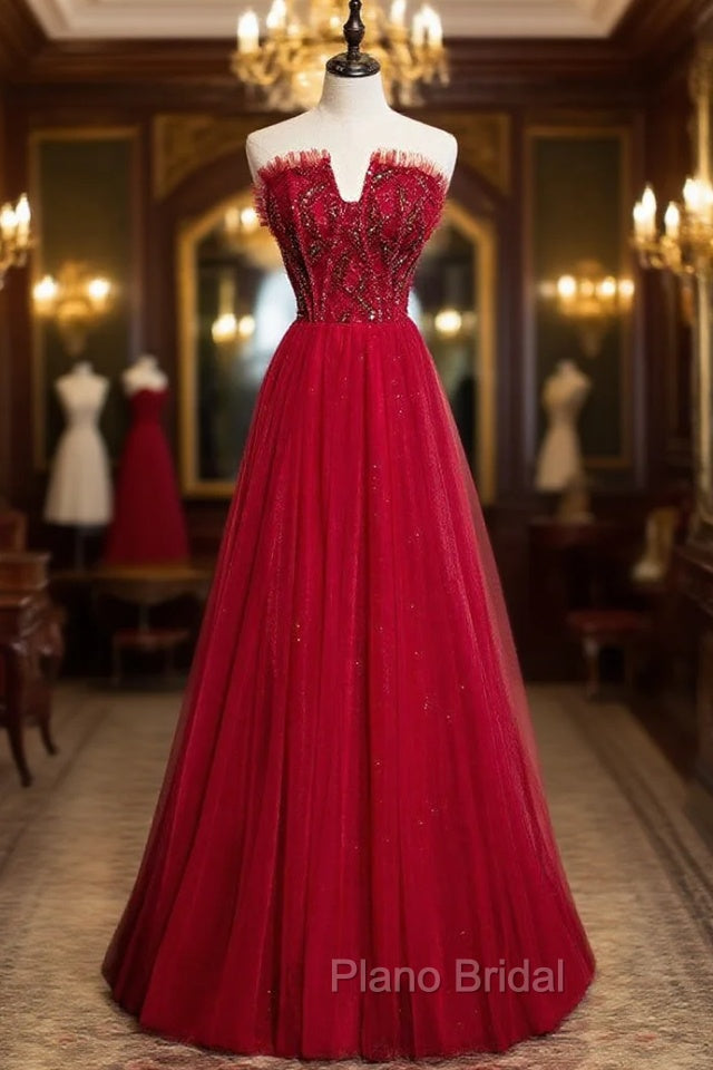 Burgundy Tulle Strapless Beading Formal Prom Dresses Main image