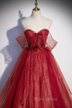 Burgundy Tulle Strapless Floor Length Formal Prom Dresses, A-Line Evening Graduation Dresses