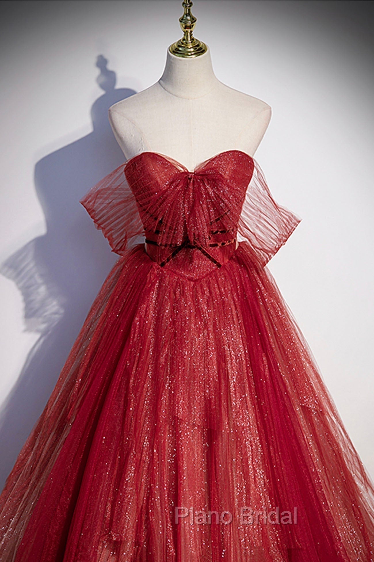 Burgundy Tulle Strapless Floor Length Formal Prom Dresses, A-Line Evening Graduation Dresses