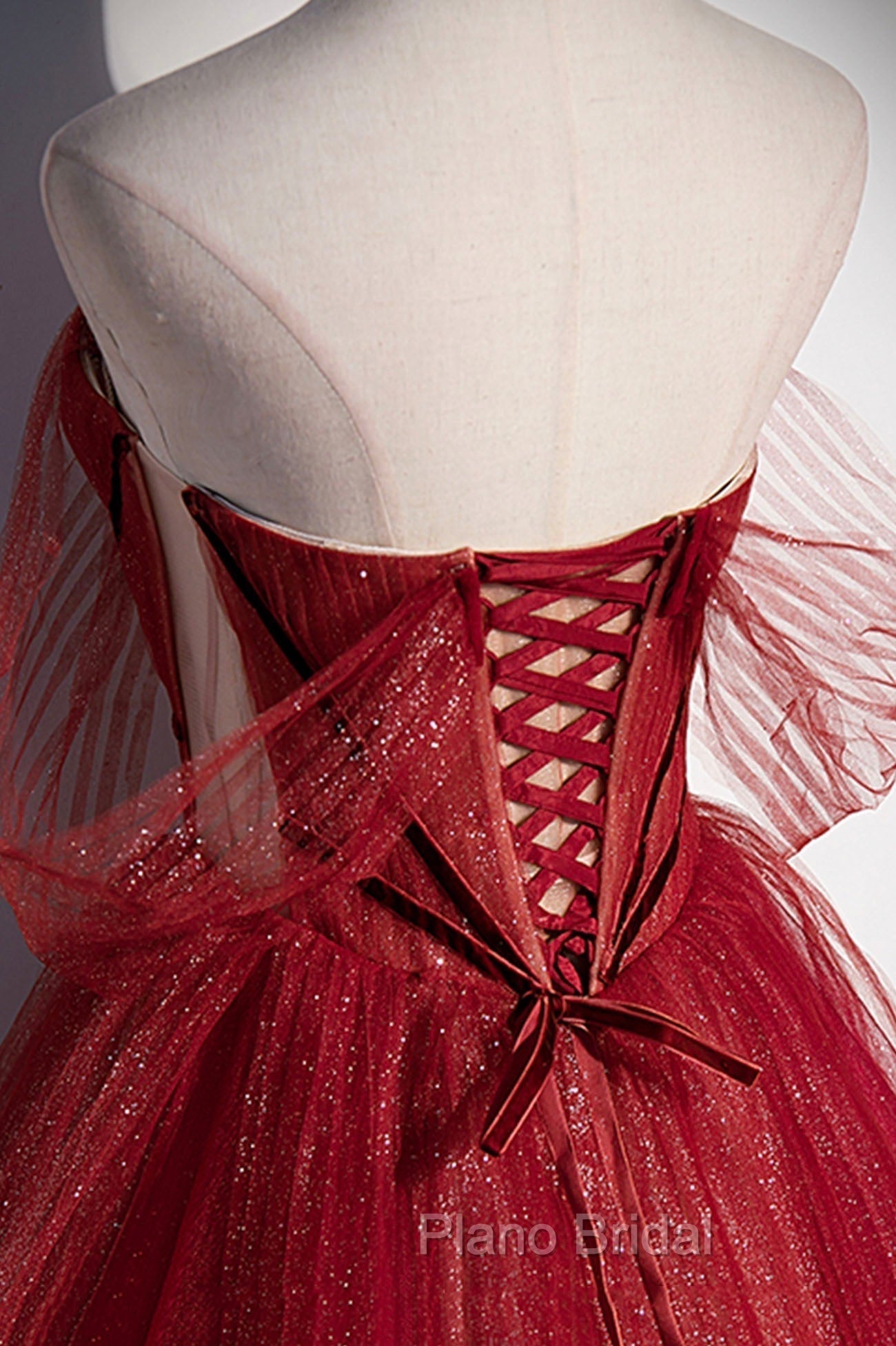Burgundy Tulle Strapless Floor Length Formal Prom Dresses, A-Line Evening Graduation Dresses