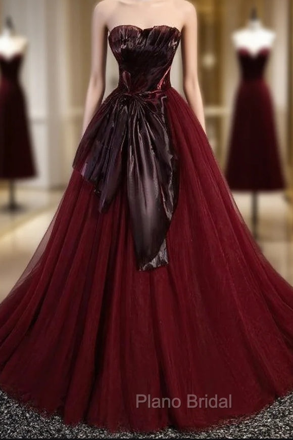 Burgundy Tulle Strapless Pleats Bow Formal Prom Dresses Main image