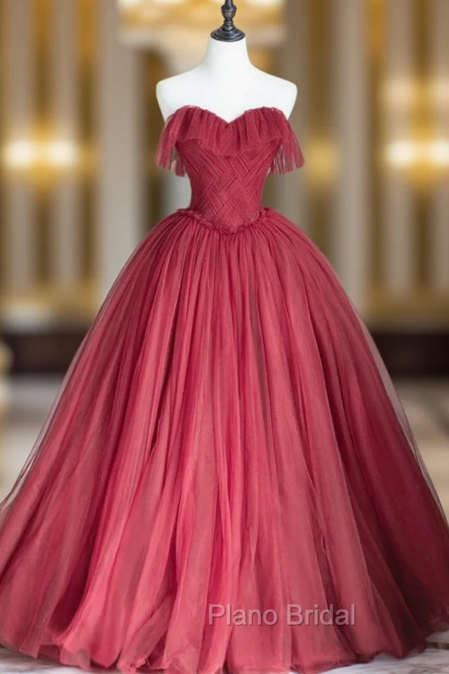 Burgundy Tulle Strapless Pleats Formal Prom Dresses