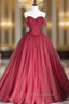Burgundy Tulle Strapless Pleats Formal Prom Dresses