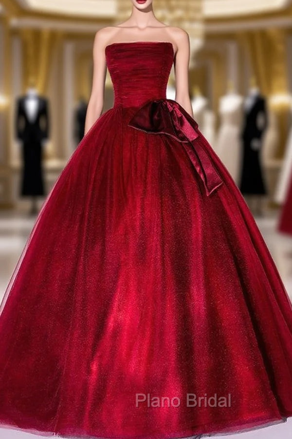 Burgundy Tulle Strapless Pleats Quinceanera Dresses Main image