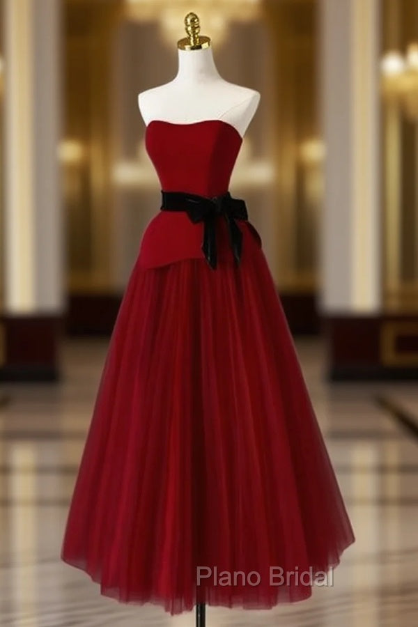 Burgundy Tulle Strapless Tea Length Formal Prom Dresses