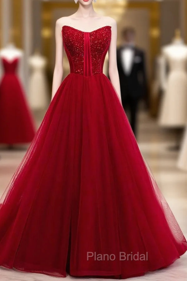 Burgundy Tulle Sweetheart Beading Long Formal Prom Dresses Main image