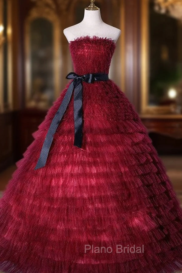 Burgundy Tulle Tiers Strapless Quinceanera Dresses Main image