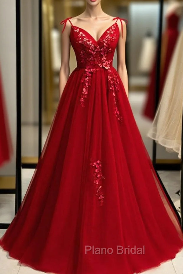 Burgundy Tulle V-neck Appliques Backless Formal Prom Dresses Main image