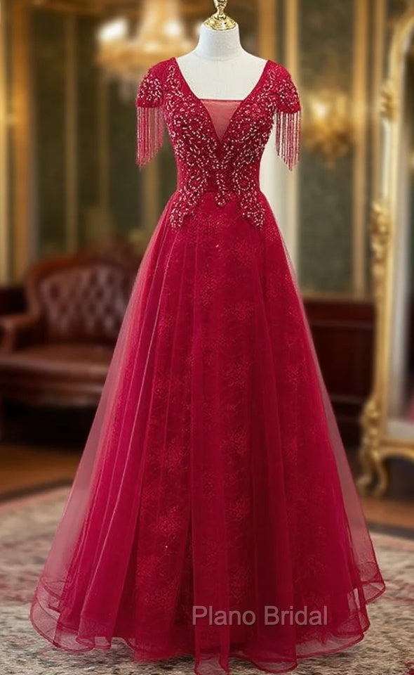 Burgundy Tulle V-neck Cap Sleve Beading Formal Prom Dresses Main image