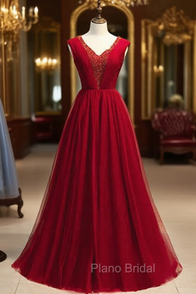 Burgundy Tulle V-neck Pleats Beading Sequins Formal Prom Dresses Main image