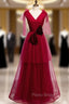 Burgundy Tulle V-neck Pleats Long Formal Prom Dresses With Bow