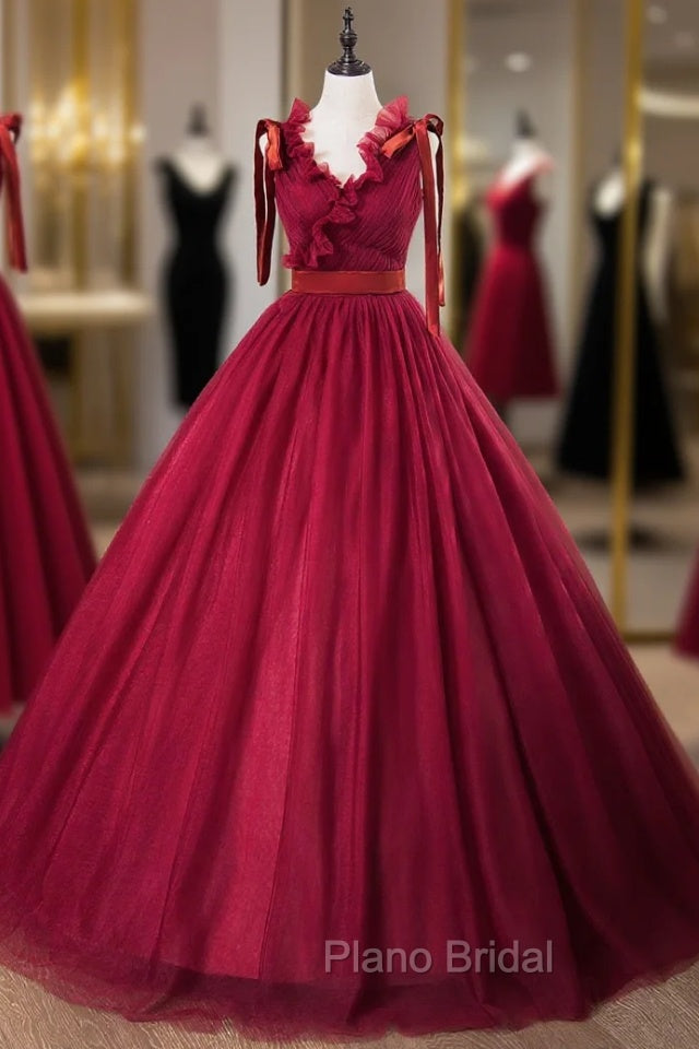 Burgundy Tulle V-neck Pleats Quinceanera Dresses Main image