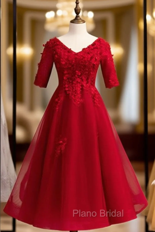 Burgundy Tulle V-neck Short Sleeve Lace Appliques High Waist Formal Prom Dresses Main image