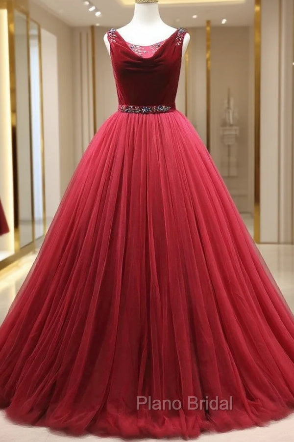 Burgundy Tulle Velvet Backles Beading Formal Prom Dresses Main image