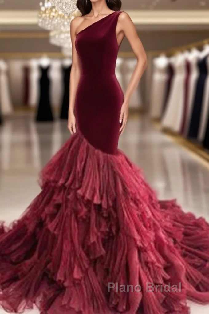 Burgundy Tulle Velvet Long Mermaid Dresses Formal Prom Dresses Main image
