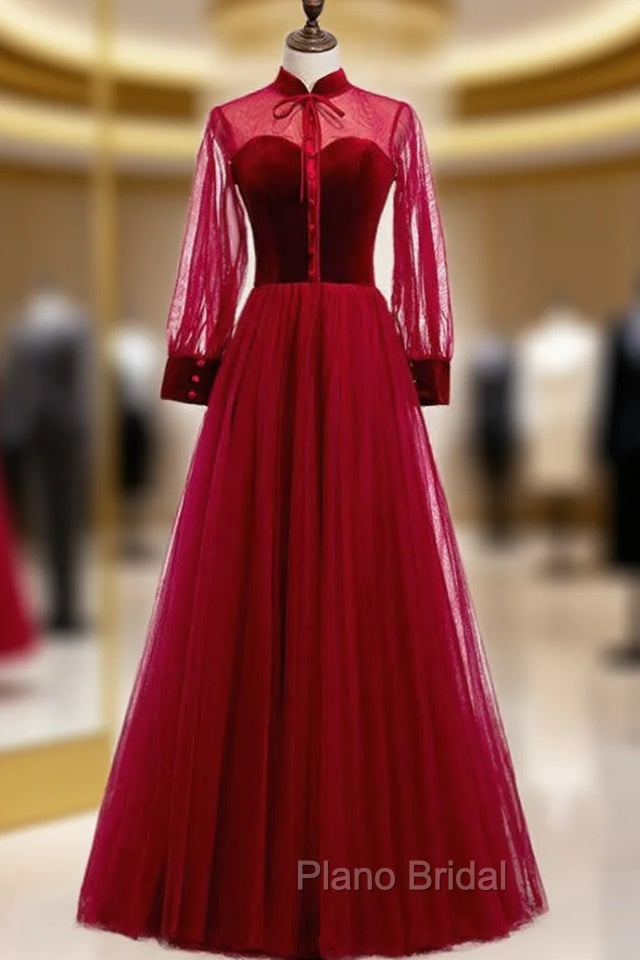 Burgundy Tulle Velvet Long Sleeve Button Formal Prom Dresses