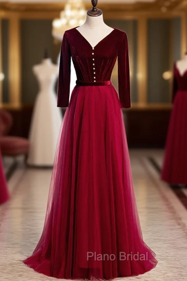 Burgundy Tulle Velvet Long Sleeve Pleats Formal Prom Dresses Main image