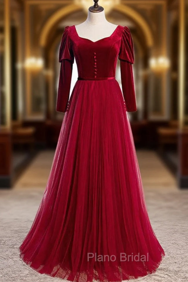 Burgundy Tulle Velvet Long Sleeve Square Long Formal Prom Dresses