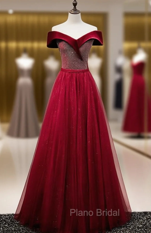Burgundy Tulle Velvet Off the Shoulder Formal Formal Prom Dresses Main image
