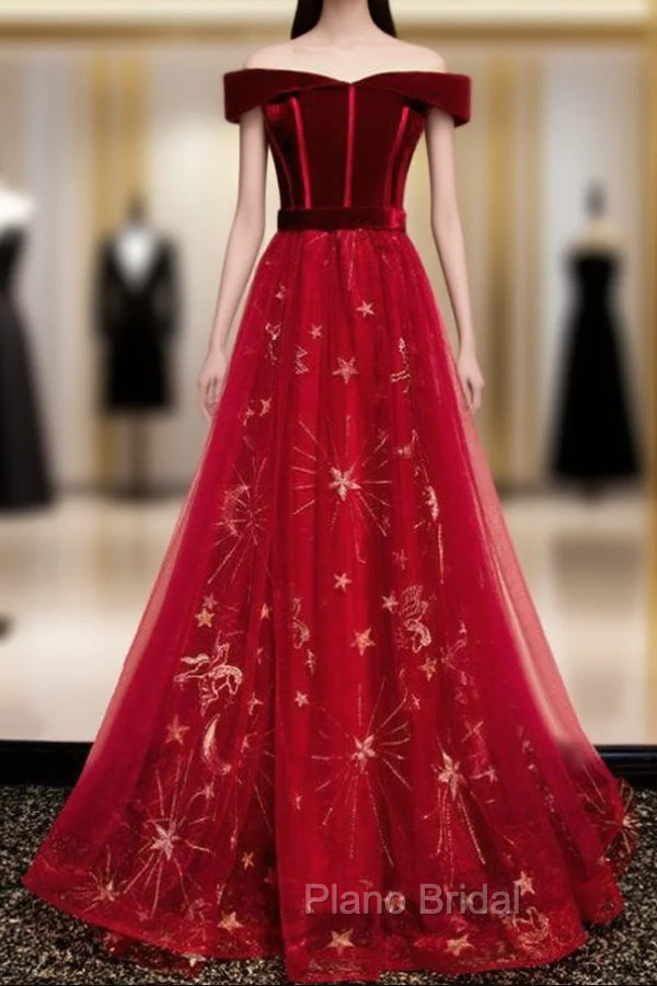 Burgundy Tulle Velvet Off the Shoulder Formal Prom Dresses Main image
