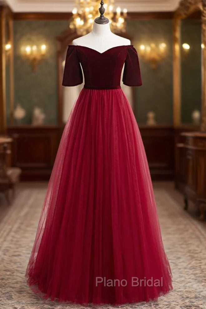 Burgundy Tulle Velvet Off the Shoulder Short Sleeve Formal Prom Dresses