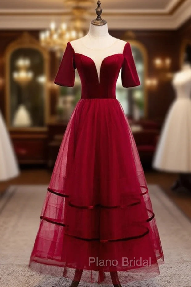 Burgundy Tulle Velvet Short Sleeve Ankle Length Formal Prom Dresses Main image