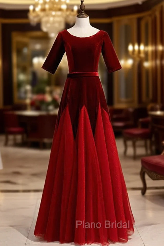 Burgundy Tulle Velvet Short Sleeve Formal Prom Dresses Main image