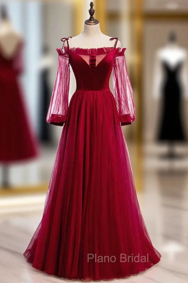 Burgundy Tulle Velvet Spaghetti Straps Long Sleeve Formal Prom Dresses Main image