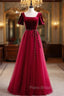 Burgundy Tulle Velvet Square Short Sleeve Formal Prom Dresses